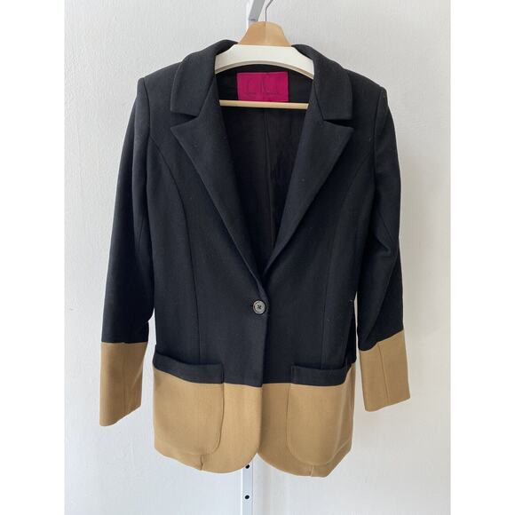 HEIDI MERRICK USA 2 One Button Colorblock Blazer Jacket Black Camel Tan - Picture 1 of 7